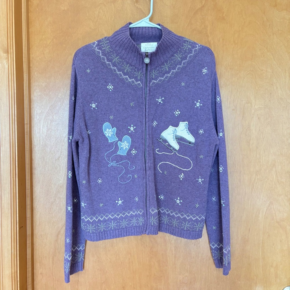 Christopher & Banks Purple Ice Skate Mittens Snowflake Sweater M Hand Embroider